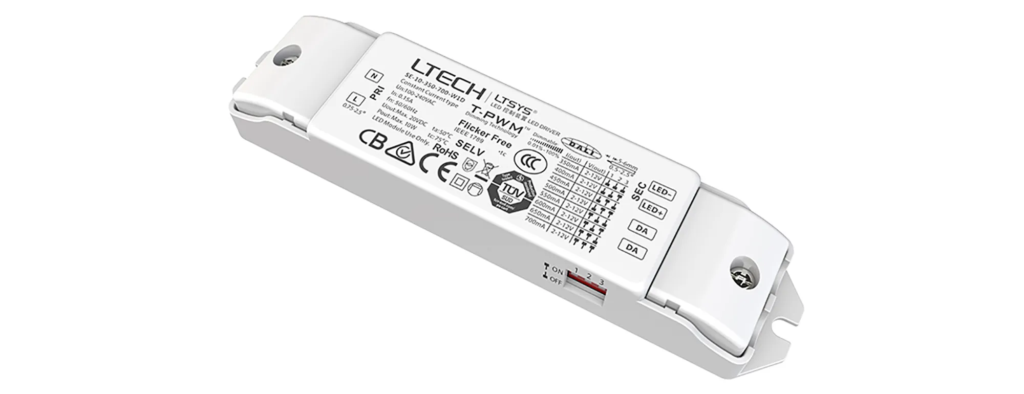 SE-10-350-700-W1D  DALI, 0-100% Dim, PWM digital dimming, CC 10W, 350-700mA output, 100-240Vac I/P, Class 2, IP20.